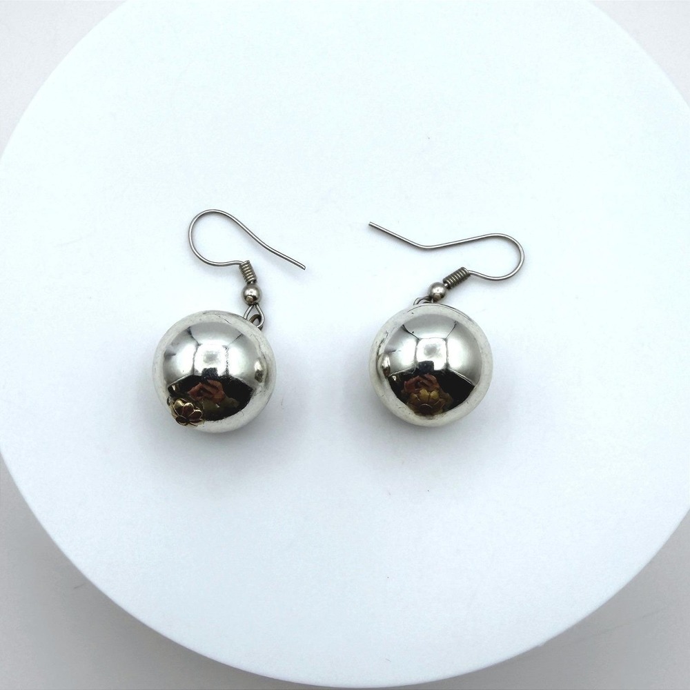 Vintage Silver Tone Ball Dangle Drop Earrings Gold Accent Y2K 90s 2000s
